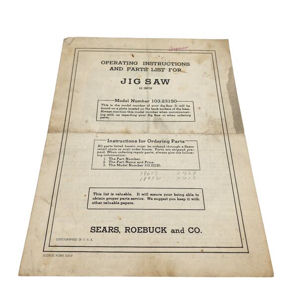 Vintage Sears Roebuck And Co Jig Saw 103.23150 Operating Instructions Parts List - Picture 2 of 3